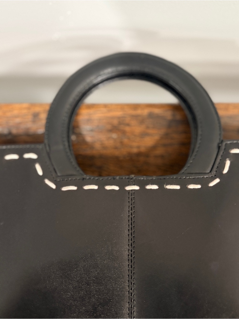 Vintage Black Leather Cutout Top Handle Handbag Y2K Contrast Stitch 13x8” - Picture 10 of 16